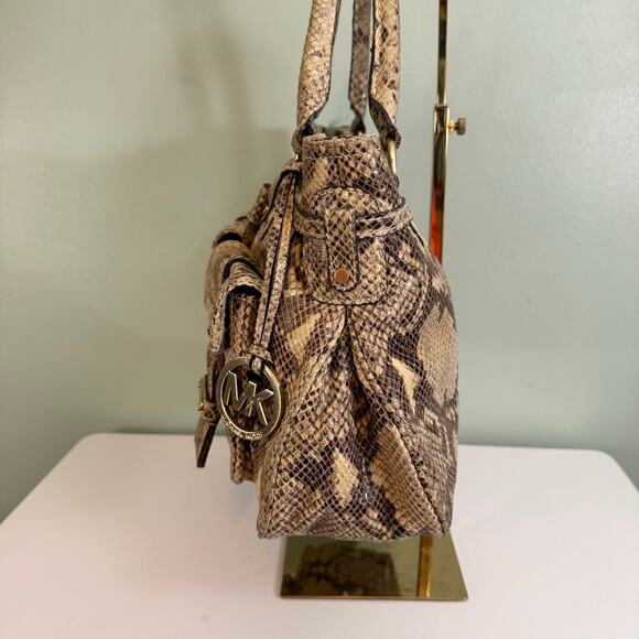 Michael Kors Satchel Shoulder Handbag Brown Tan Python Buckle Double Top Handles - Picture 5 of 12